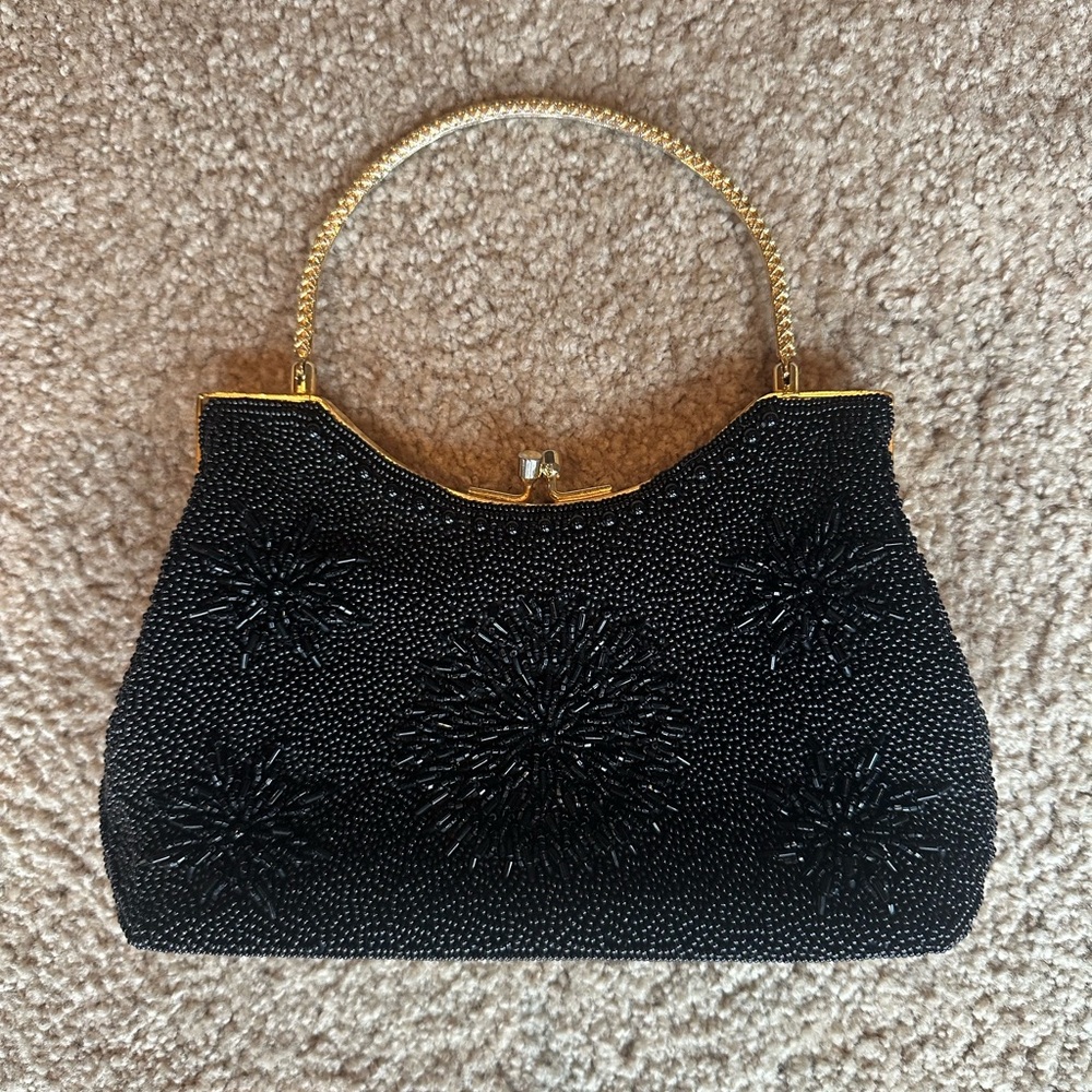 Chic Black Beaded Clutch with Gold Handle